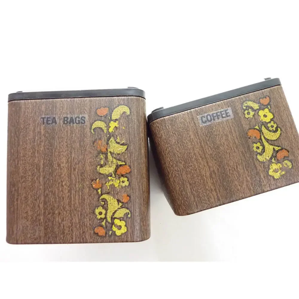Vintage Kromex Copper Faux Wood Grain Floral Canisters Stackable MCM Kitchen Set